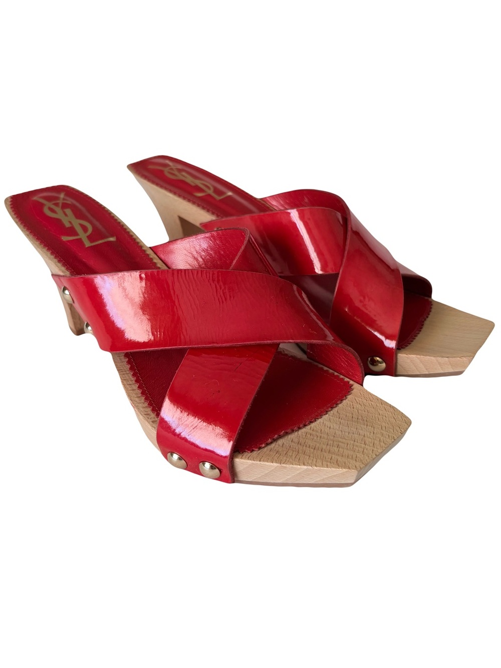 YSL Tom Ford SS 2004 Red Patent Leather Wood Y2K Slide Heels 38 NWOT